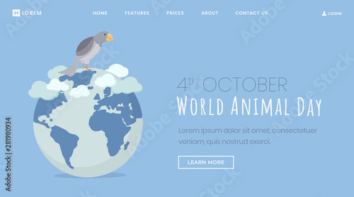 Animals protection day landing page template. Cartoon pet bird, parrot sitting on globe hand drawn illustration. October 4 holiday, wildlife, fauna conservation event website page design layout