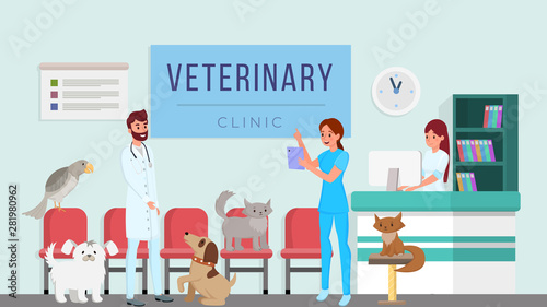 Veterinary clinic flat vector illustration. Vets, professional veterinarians checking domestic animals, pets health cartoon characters. Doctors assistant, hospital receptionist scheduling patients