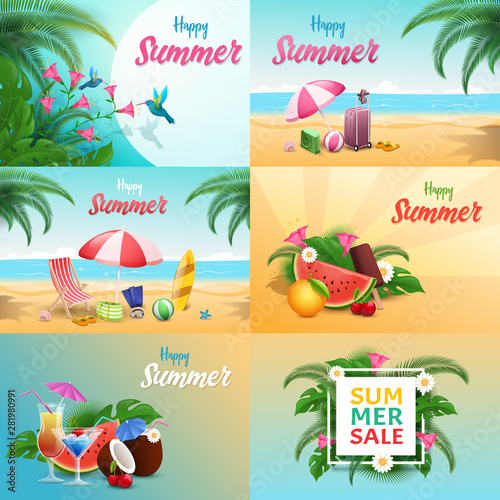 Summer relax vector banners set. Seaside resort, summertime vacation typography with sandy beach, exotic fruit and cocktails decor. Summertime sale, special offer promotional poster design layout