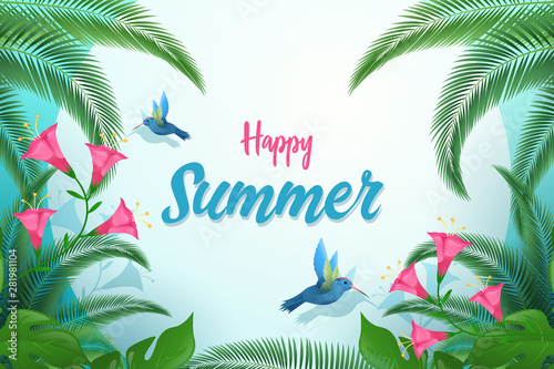 Exotic summer flat vector banner template. Happy summer calligraphy with decorative palm tree leaves, tropical foliage and birds. Tiny hummingbirds sipping flowers nectar postcard design layout