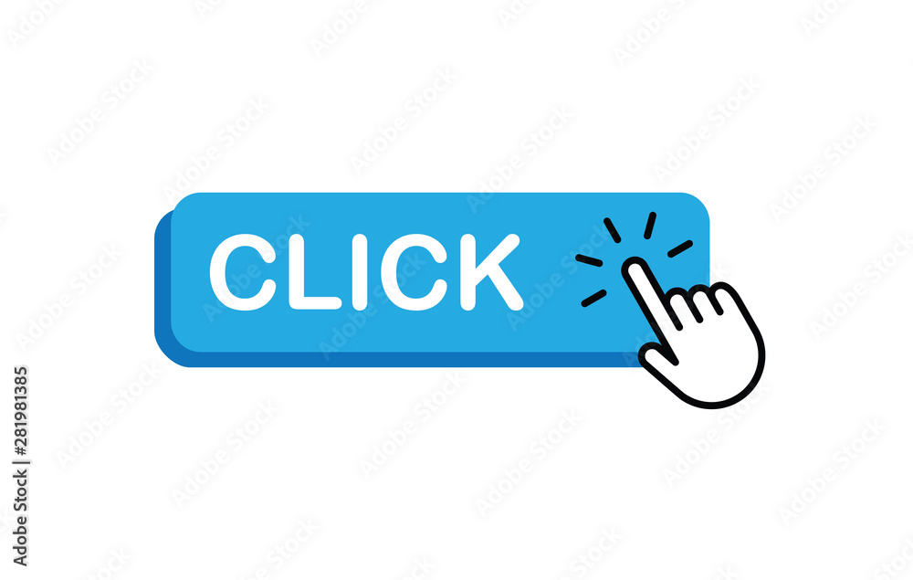 Click here button with hand clicking icon Click here button with hand clicking icon