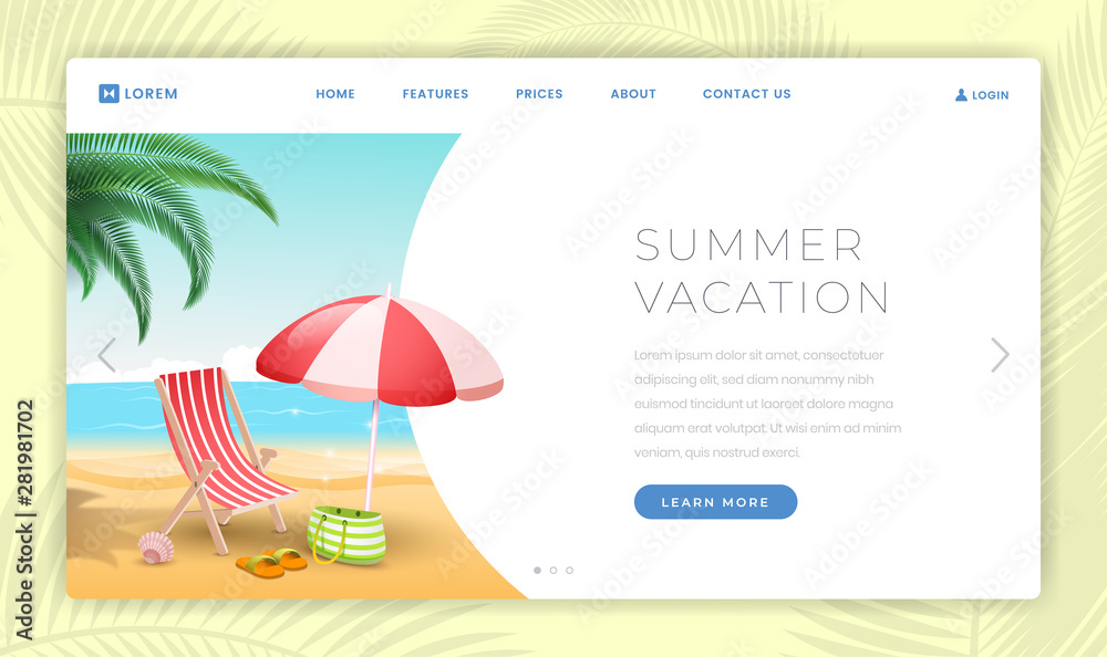 Summertime vacation landing page template. Seaside resort with sandy beach, deckchair and umbrella. Summertime recreation on tropical island travel agency promotional webpage design layout