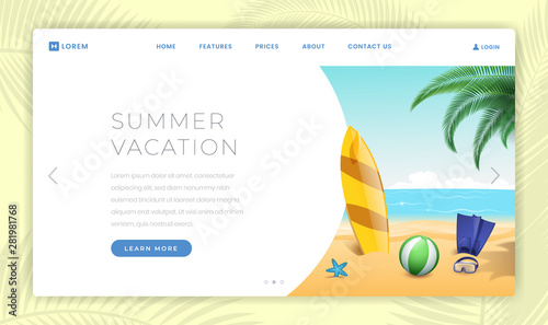 Summertime vacation landing page template. Surfing, scuba diving equipment on sandy beach. Active summer rest, seaside outdoor activities, extreme sports advertising website page design layout