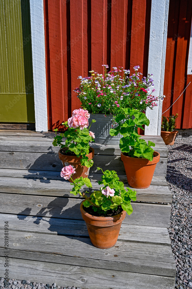 Naklejka premium flowers on stairs infront of a red wooden cabin
