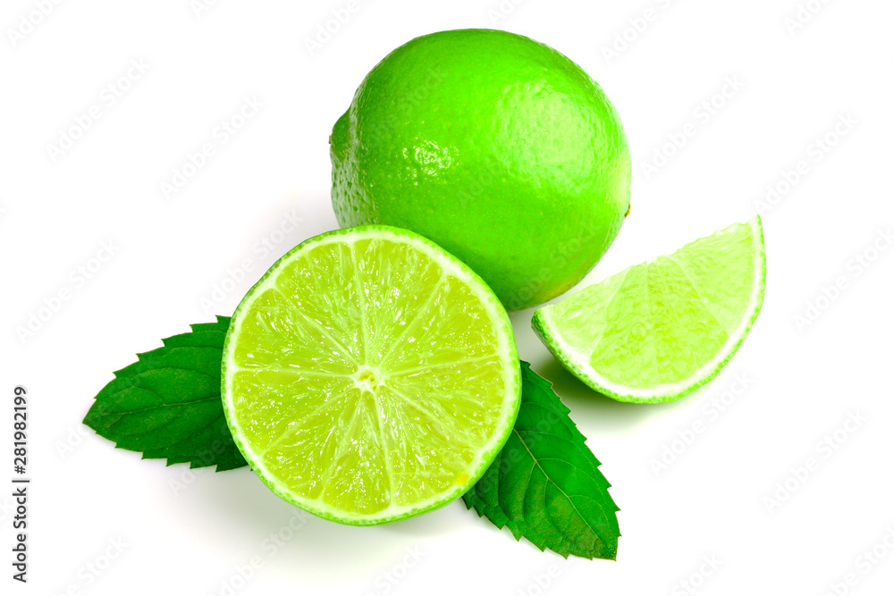 Natural fresh lime and mint isolated on white background