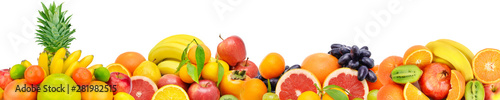Fruits isolated on white background. Panoramic collage. Wide photo with free space for text.