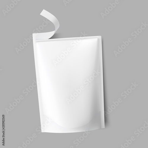 Realistic flow pack mockup. Front view. Vector illustration on grey background. Easy to use for presentation your product, idea, design. EPS10.