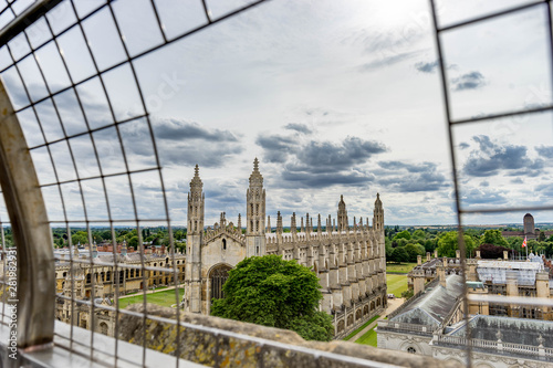 Panorama of the city Cambridge from the observation tower of St.Mary's church. Picture took through bars.