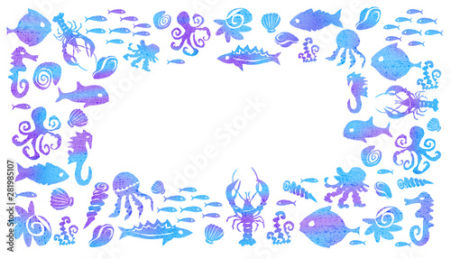 Silhouettes of fish  a seahorse  jellyfish  mussels  crayfish  octopuses on a white background.