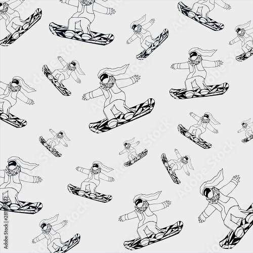 Pattern with female snowboarders. Vector illustration with black outline doodles of sportswomen on boards. Image is good for cards and flyers background, textille and fabric print.