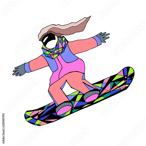 Girl on colorful snowboard. Jumping woman with long hair and in bright sport costume. Hand drawn vector illustration. Isolated on white.