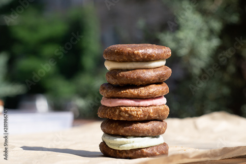 Raw vegan cookies Oreo. Healthy desserts, close up