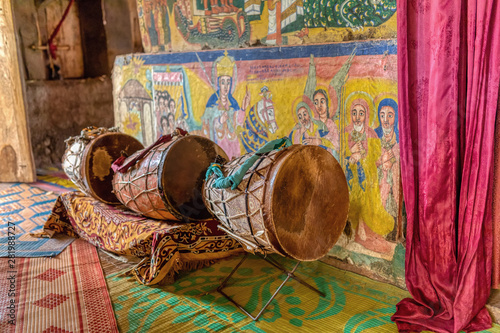 Ceremonial drum covered with cow skin. Zege Peninsula in Lake Tana. UNESCO Ura Kidane Mehret Church, monastery from 14th century. photo
