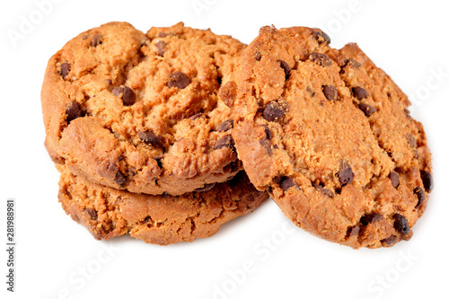 Chocolate oatmeal chip cookies isolated on white background.