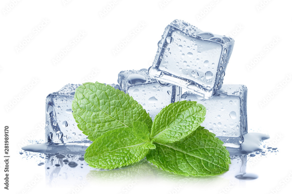 Ice cubes and fresh mint leaves, isolated on white background - obrazy, fototapety, plakaty 