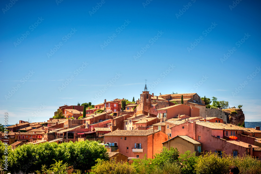 The small village of Roussillon. Landscape with houses in historic ocher village Roussillon, Provence, Luberon, Vaucluse, France