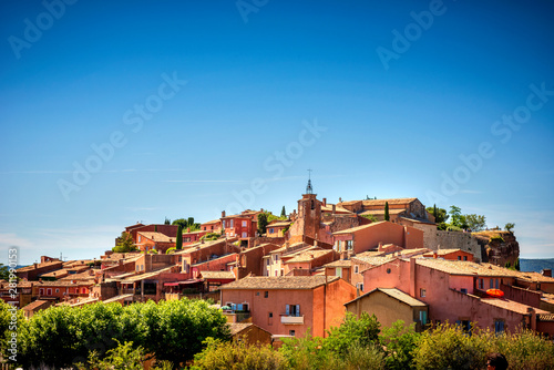 The small village of Roussillon. Landscape with houses in historic ocher village Roussillon  Provence  Luberon  Vaucluse  France