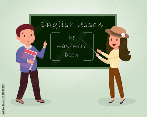 English lesson flat vector illustration. Tutor explaining, pointing at blackboard, English native speaker holding books characters. Foreign language class, grammar course isolated clipart