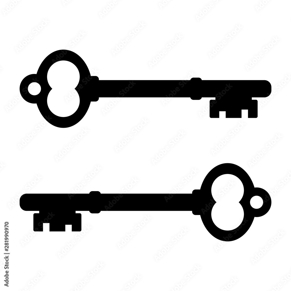Door key icon. Vintage old style door key, black sign. Door vintage key