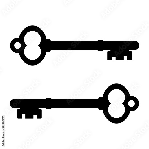 Door key icon. Vintage old style door key, black sign. Door vintage key icon.