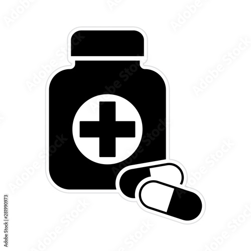 Jar with pills, drugs or tablets, vector icon, painkiller first aid. Vail, jar of pills for first aid, pain reliever tablets, drug icon. First medical aid Jar with two pills.