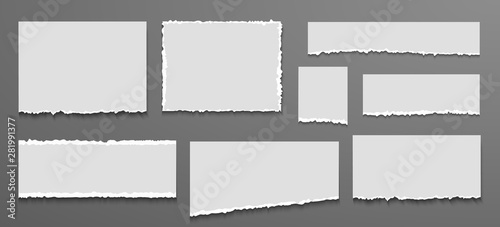 Torn white blank note page set. Ripped notebook paper. Pieces of torn edges on dark gray background. Vector illustration torn paper.