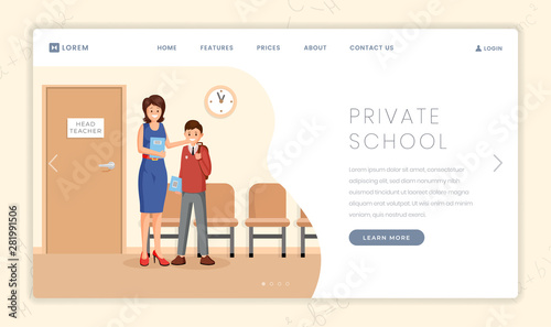 Elite school vector landing page template. Cheerful head teacher greeting new pupil, welcoming newbie student cartoon characters. Private school, prestigious college promo website page design layout
