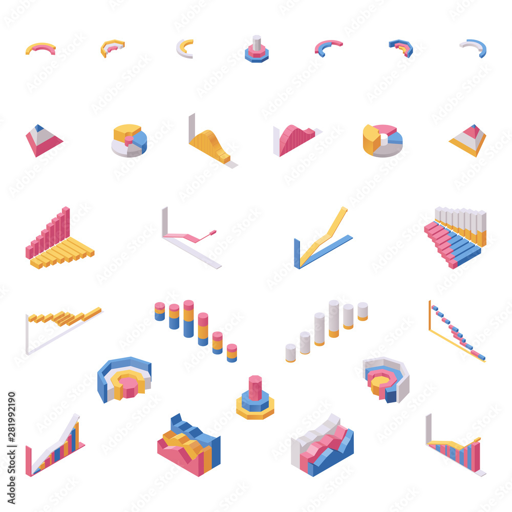 Chart elements isometric vector illustrations set. Data visualization, statistical information representation, economic graph types 3D icons pack. Business report, presentations, infographics symbols
