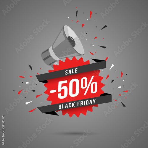 Black Friday sale web banner template. Shopping half price discount for customers promotional flat vector poster layout. Store deals and special offers, red sticker, label with text on ribbon