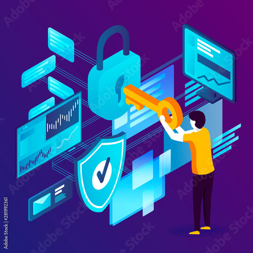 Vector concept illustration -  man with key and lock, Data Protection. Modern bright banner template with place for your text.