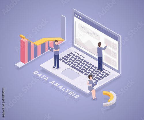 Statistical data analysis banner vector template. Professional analysts team, office workers 3D cartoon characters. Company colleagues working with laptops isometric illustration with typography © Pavlo Plakhotia