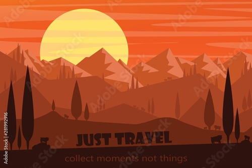 Vector landscape. Minimalist style. Silhouettes of the mountains  slopes  relief and forest. Panoramic image.