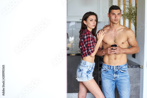 Asian couple drinking morning coffee together.copy space.free time, spare time. copy space