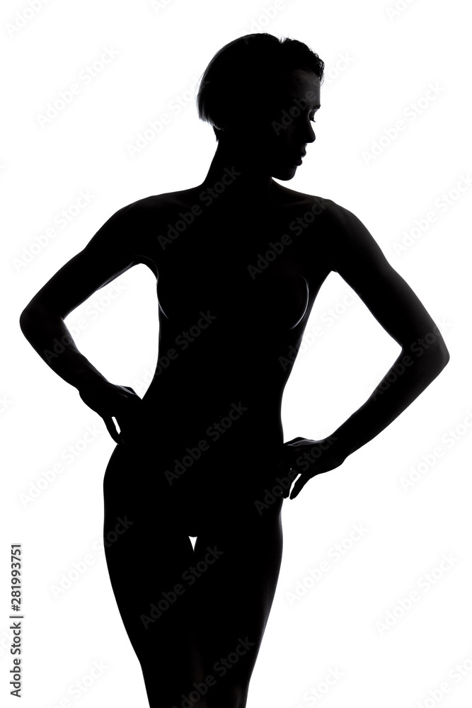Healthy and Sport concept. sad depressed girl with hands on the hips looking down. isolated white background, studio shot. Healthy and Sport concept. sad depressed girl with hands on the hips looking down. isolated white background, studio shot.