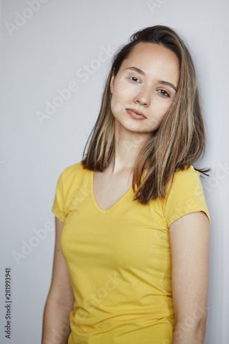 pregnant girl has ginecological desease. close up portrait, isolated white background, studio shot