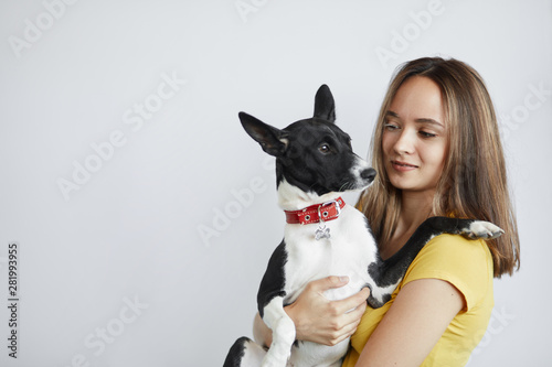 sick girl is fond of pets. dog understands his owner without words . copy space. pets lover, volunteer has found a homeless stray animal. copy space