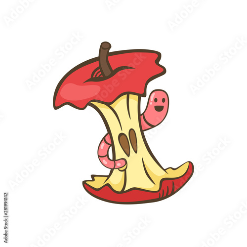 Red apple core with worm cartoon isolated vector. Apple stump with worm vector illustration. 
