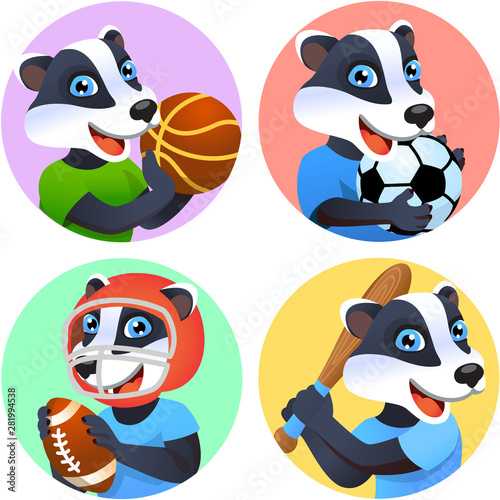 Fototapeta Naklejka Na Ścianę i Meble -  Sport emblems for basketball, soccer, American football and baseball with a wild badger in the t-shirt as a sportsman