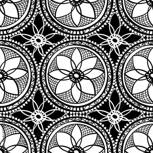 ethnic tribal seamless pattern background , black on white line round shape ornament doodle . hand drown mandala indian asian wallpaper vector illustration