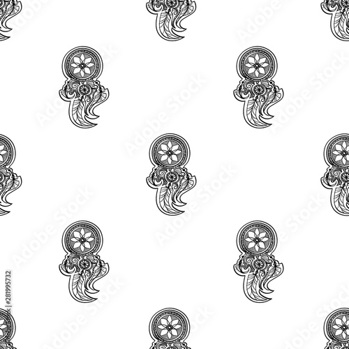 ethnic tribal seamless pattern background , black on white line round shape ornament doodle . hand drown mandala indian asian wallpaper vector illustration