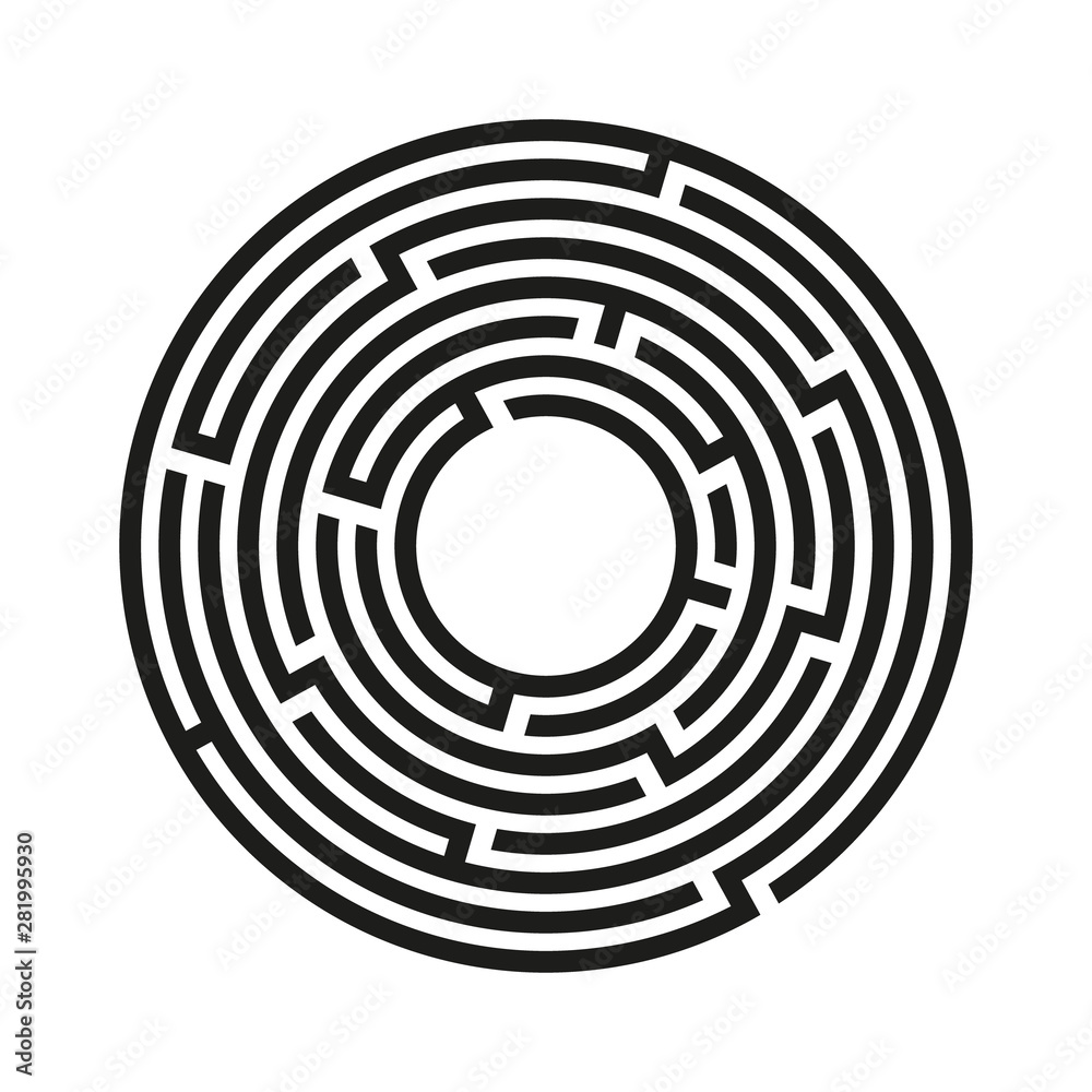 Circle Maze. Labyrinth with Entry and Exit. Find the Way Out Concept. Vector Illustration. Circle Maze. Labyrinth with Entry and Exit. Find the Way Out Concept. Vector Illustration.