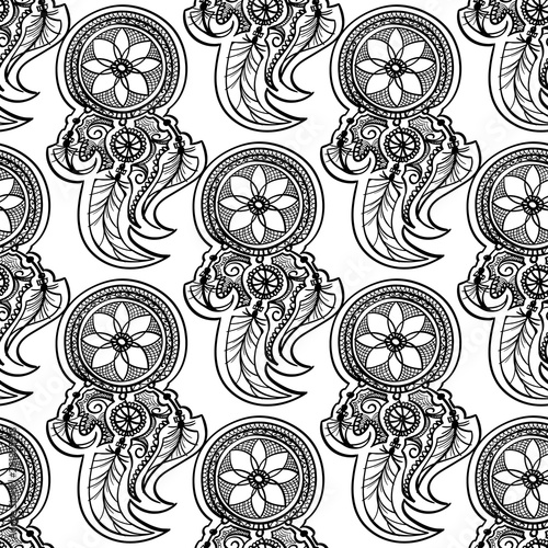 ethnic tribal seamless pattern background , black on white line round shape ornament doodle . hand drown mandala indian asian wallpaper vector illustration