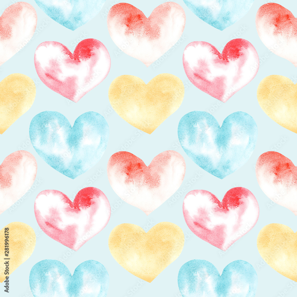 Illustration of a watercolor drawing seamless pattern of shapes of hearts on the background. Silhouettes of shapes of hearts on the background.