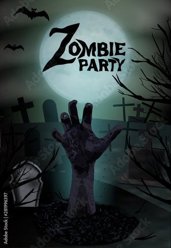 Halloween party background. Zombie hand rising from the grave. Graveyard with tombstones and moon In spooky night. Vector