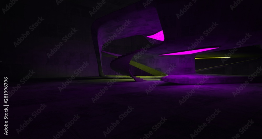 Abstract architectural concrete smooth interior of a minimalist house with color gradient neon lighting. 3D illustration and rendering. Abstract architectural concrete smooth interior of a minimalist house with color gradient neon lighting. 3D illustration and rendering.