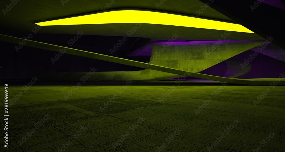 Fototapeta premium Abstract architectural concrete smooth interior of a minimalist house with color gradient neon lighting. 3D illustration and rendering.