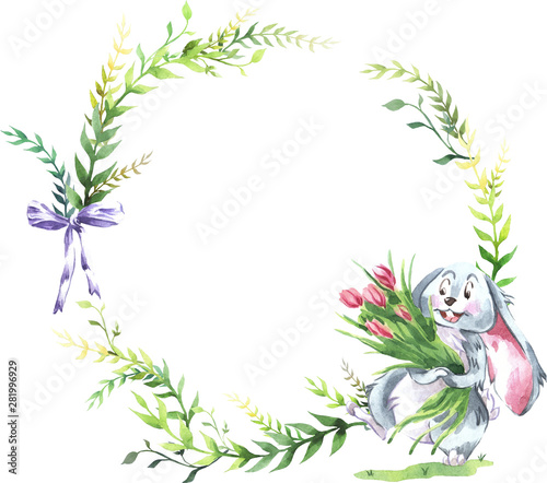 round frame with Bunny and tulips