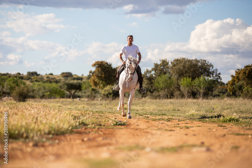 Young guy in casual outfit riding white horse on sandy road
