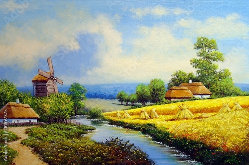 Oil paintings rural landscape, fine art. Old village, field, summer landscape.