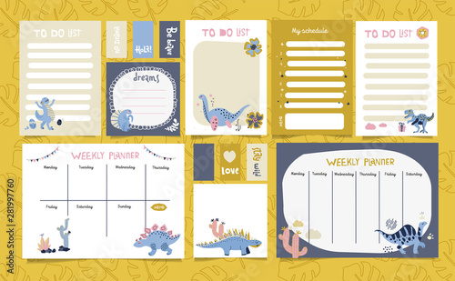 Set of planners with cute dinosaurs in Scandinavian style. Cute postcards, day planners, to-do list for print. Hand drawn doodle illustration of cute dino with cactus and trendy lettering.